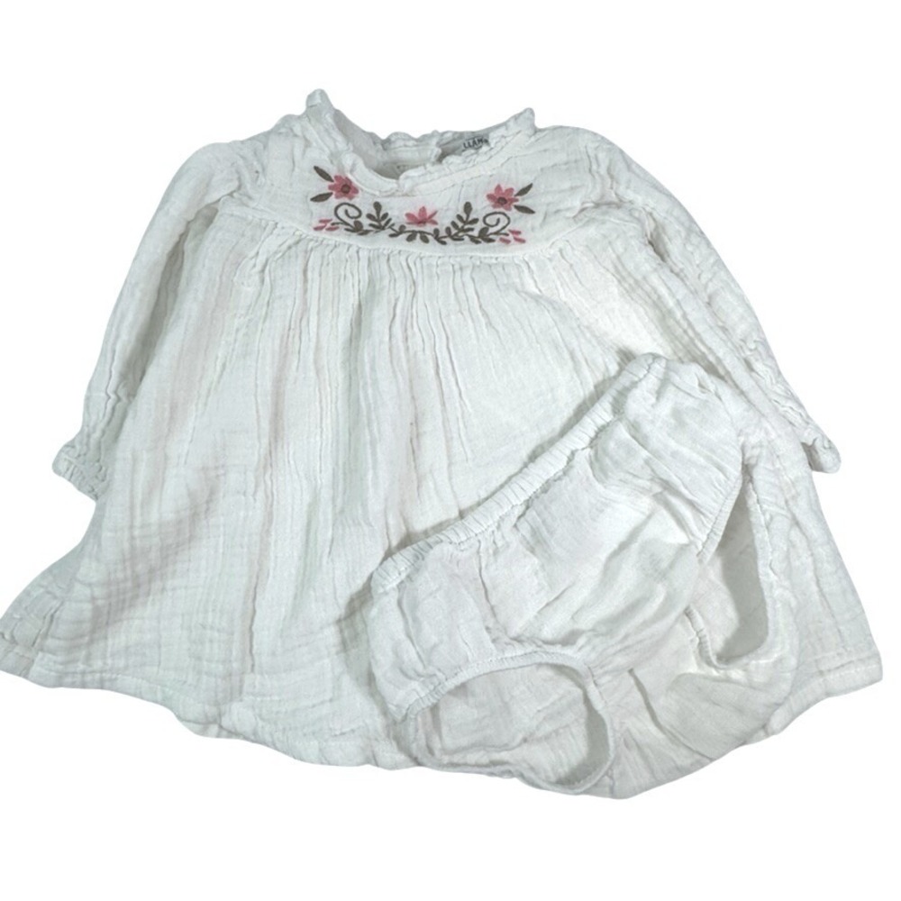 Laughing Llama Baby 9M White Cotton Gauze Floral Embroidered Dress Bloomer Set